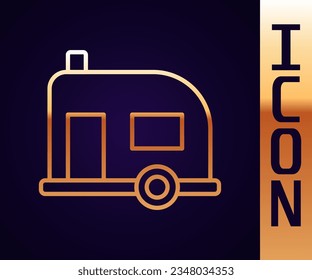 Gold line Rv Camping trailer icon isolated on black background. Travel mobile home, caravan, home camper for travel.  Vector Illustration