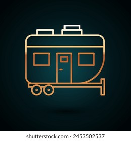 Gold line Rv Camping trailer icon isolated on dark blue background. Travel mobile home, caravan, home camper for travel.  Vector Illustration