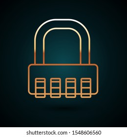 Gold line Safe combination lock icon isolated on dark blue background. Combination padlock. Security, safety, protection, password, privacy.  Vector Illustration