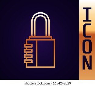 Gold line Safe combination lock icon isolated on black background. Combination padlock. Security, safety, protection, password, privacy.  Vector Illustration
