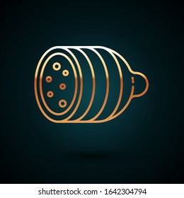 Gold line Salami sausage icon isolated on dark blue background. Meat delicatessen product.  Vector Illustration