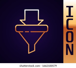 Gold line Sales funnel with arrows for marketing and startup business icon isolated on black background. Infographic template.  Vector Illustration