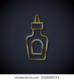 Línea de oro icono de la botella de salsa aislado sobre fondo negro. Botellas de kétchup, mostaza y mayonesa con salsa para comida rápida.  Vector