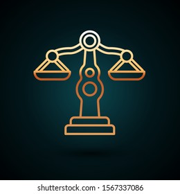 Gold line Scales of justice icon isolated on dark blue background. Court of law symbol. Balance scale sign.  Vector Illustration
