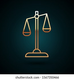 Gold line Scales of justice icon isolated on dark blue background. Court of law symbol. Balance scale sign.  Vector Illustration