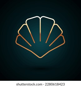 Gold line Scallop sea shell icon isolated on dark blue background. Seashell sign.  Vector