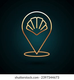 Gold line Scallop sea shell icon isolated on dark blue background. Seashell sign.  Vector