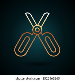 Gold line Scissors icon isolated on dark blue background. Tailor symbol. Cutting tool sign.  Vector Illustration