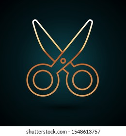 Gold line Scissors icon isolated on dark blue background. Cutting tool sign.  Vector Illustration