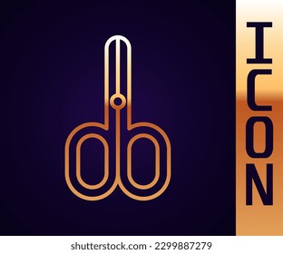 Gold line Scissors icon isolated on black background. Cutting tool sign.  Vector
