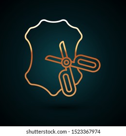 Gold line Scissors and leather icon isolated on dark blue background. Tailor symbol. Cutting tool sign.  Vector Illustration