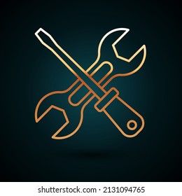 Gold line Screwdriver and wrench spanner tools icon isolated on dark blue background. Service tool symbol.  Vector