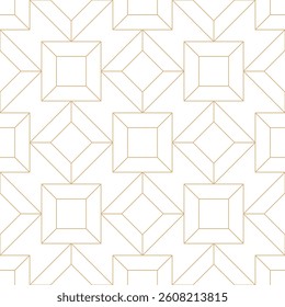 Gold line seamless diamond pattern on white background. Geometric square gems and crystals design. Luxury art deco background. Geometric linear faceted diamond grid mosaic tile pattern.