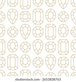 Gold line seamless diamond pattern on white background. Geometric cut gems design. Luxury art deco diamonds background. Geometric linear pear, emerald and square cut diamonds grid mosaic tile pattern.