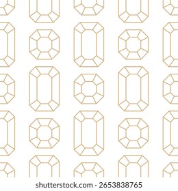 Patrón de diamante sin fisuras de línea dorada sobre fondo blanco. Diseño geométrico de gemas cortadas. Fondo de diamantes art deco de lujo. Patrón de mosaico de mosaico de rejilla de diamante facetado lineal geométrico.