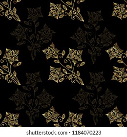 Gold line seamless pattern flower with leaf. Isolated gold flower for card, wrapping paper and other design.