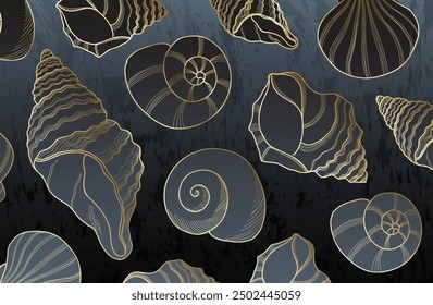 Gold line seashell decoration on blue watercolor background design, Flyer or presentation in vintage style. Ocean sea shells oyster elements.. Hand drawn line underwater luxury art