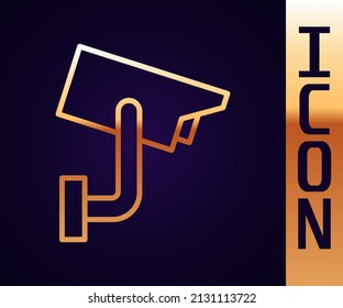 Gold-line-Sicherheitskamera-Symbol einzeln auf schwarzem Hintergrund.  Vektorgrafik