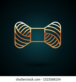 Gold line Sewing thread on spool icon isolated on dark blue background. Yarn spool. Thread bobbin.  Vector Illustration