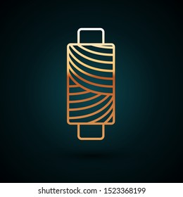 Gold line Sewing thread on spool icon isolated on dark blue background. Yarn spool. Thread bobbin.  Vector Illustration