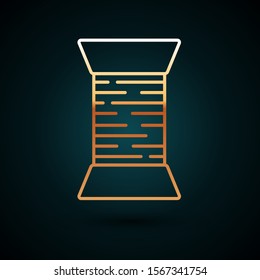 Gold line Sewing thread on spool icon isolated on dark blue background. Yarn spool. Thread bobbin.  Vector Illustration