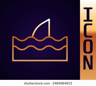 Gold line Shark fin in ocean wave icon isolated on black background.  Vector