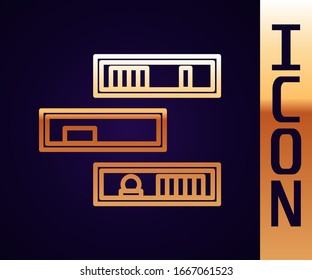 Gold line Shelf with books icon isolated on black background. Shelves sign.  Vector Illustration