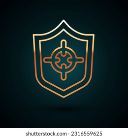 Gold line Shield icon isolated on dark blue background. Guard sign. Security, safety, protection, privacy concept.  Vector