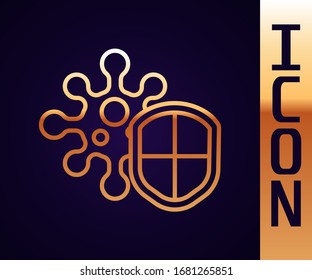 Gold line Shield protecting from virus, germs and bacteria icon isolated on black background. Immune system concept. Corona virus 2019-nCoV.  Vector Illustration