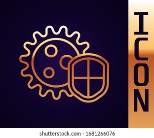 Gold line Shield protecting from virus, germs and bacteria icon isolated on black background. Immune system concept. Corona virus 2019-nCoV.  Vector Illustration