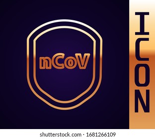 Gold line Shield protecting from virus, germs and bacteria icon isolated on black background. Immune system concept. Corona virus 2019-nCoV.  Vector Illustration