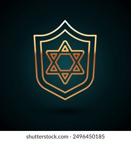 Gold line Shield with Star of David icon isolated on dark blue background. Jewish religion symbol. Symbol of Israel.  Vector