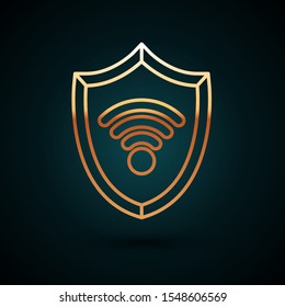 Gold line Shield with WiFi wireless internet network symbol icon isolated on dark blue background. Protection safety concept.  Vector Illustration