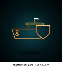 Gold line Ship with shield icon isolated on dark blue background. Insurance concept. Security, safety, protection, protect concept.  Vector Illustration