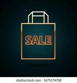Gold line Shoping bag with an inscription Sale icon isolated on dark blue background. Handbag sign. Woman bag icon. Female handbag sign.  Vector Illustration