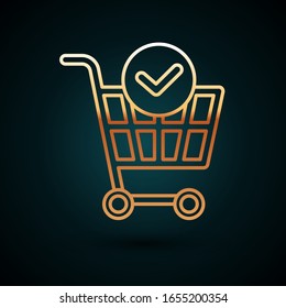 Gold line Shopping cart with check mark icon isolated on dark blue background. Supermarket basket with approved, confirm, done, tick, completed.  Vector Illustration