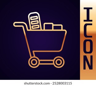 Gold line Shopping cart and food icon isolated on black background. Food store, supermarket.  Vector