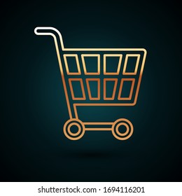 Gold line Shopping cart icon isolated on dark blue background. Online buying concept. Delivery service sign. Supermarket basket symbol.  Vector Illustration