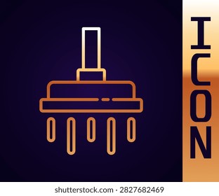 Gold line Shower head with water drops flowing icon isolated on black background.  Vector