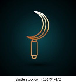 Gold line Sickle icon isolated on dark blue background. Reaping hook sign.  Vector Illustration