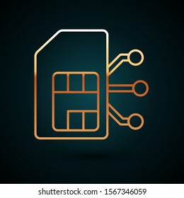 Gold line Sim card icon isolated on dark blue background. Mobile cellular phone sim card chip. Mobile telecommunications technology symbol.  Vector Illustration