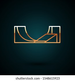 Gold line Skate park icon isolated on dark blue background. Set of ramp, roller, stairs for a skatepark. Extreme sport.  Vector Illustration