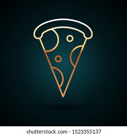 Gold line Slice of pizza icon isolated on dark blue background. Fast food menu.  Vector Illustration