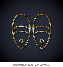 Gold line Slippers icon isolated on black background. Flip flops sign.  Vector