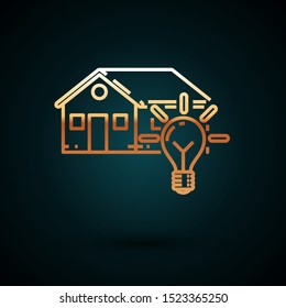 Gold line Smart house and light bulb icon isolated on dark blue background.  Vector Illustration