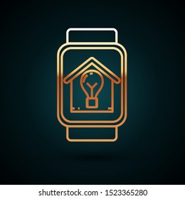 Gold line Smart watch with smart house and light bulb icon isolated on dark blue background. Vector Illustration Gold line Smart watch with smart house and light bulb icon isolated on dark blue background. Vector Illustration