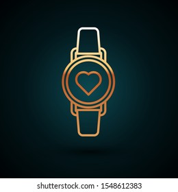 Gold line Smart watch showing heart beat rate icon isolated on dark blue background. Fitness App concept.  Vector Illustration