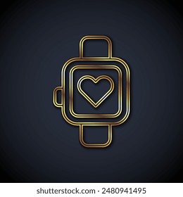 Gold line Smart watch showing heart beat rate icon isolated on black background. Fitness App concept.  Vector