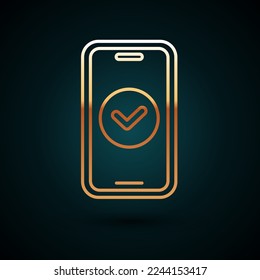 Gold line Smartphone, mobile phone icon isolated on dark blue background.  Vector