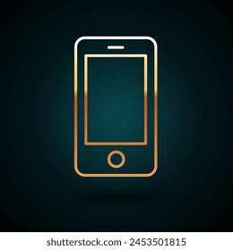 Gold line Smartphone, mobile phone icon isolated on dark blue background.  Vector Illustration